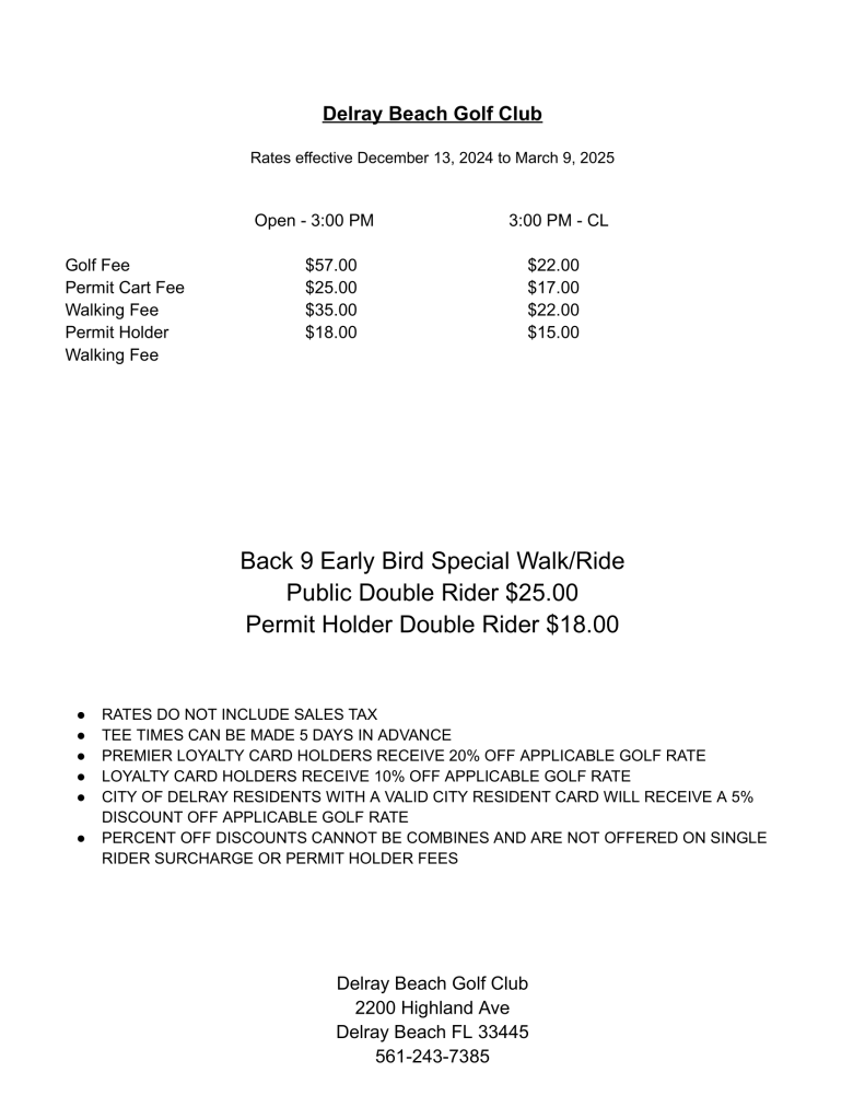 Delray Beach Golf Club Winter 2024-2025 RATES